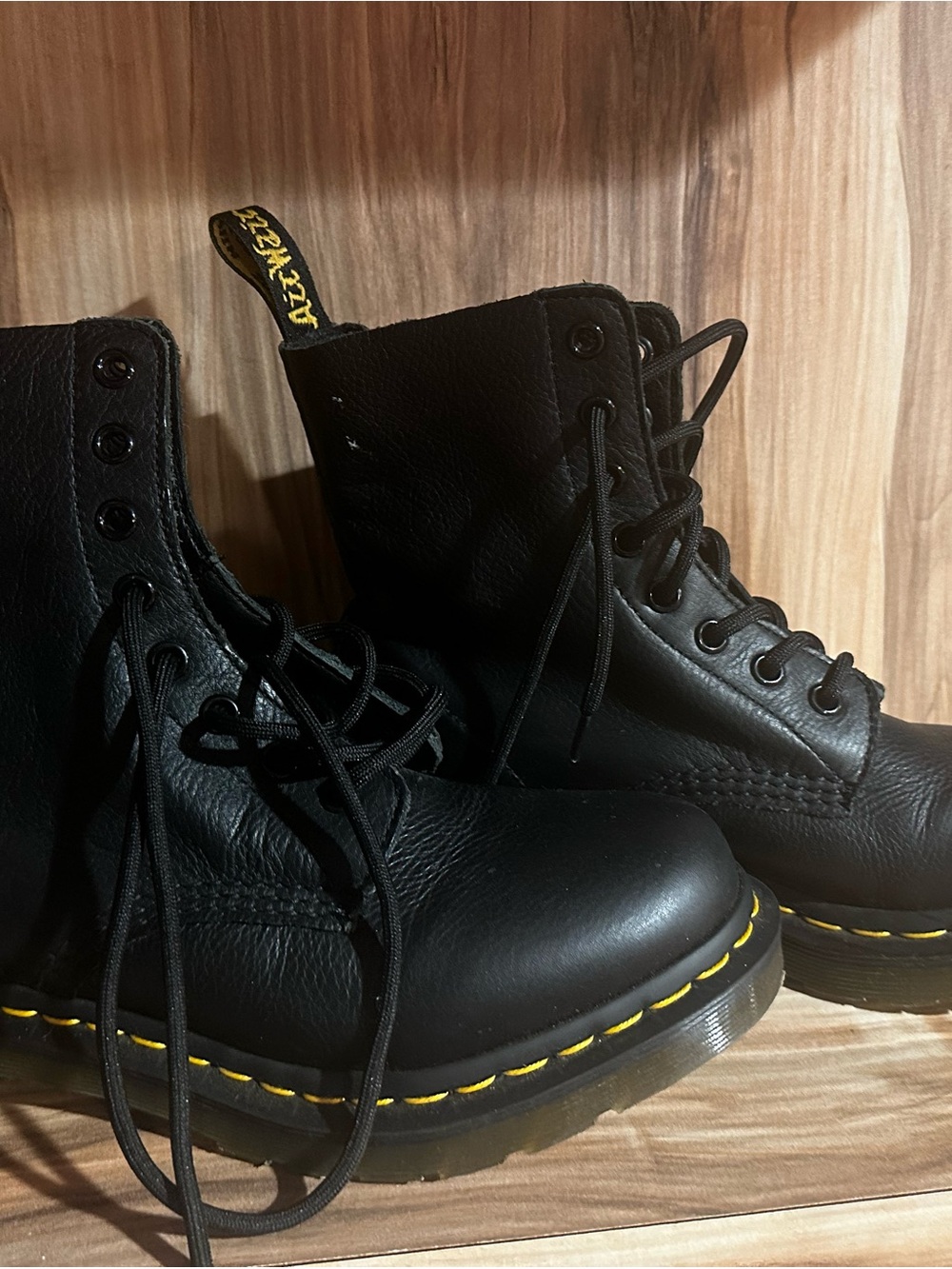 Dr. Martens Black Leather Lace-Up Combat Boots with Yellow Stitching